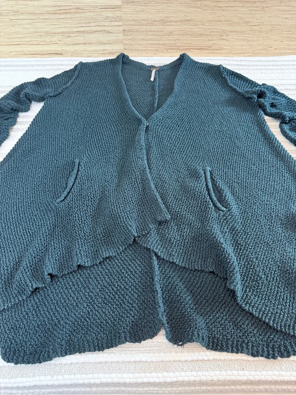 Free People Oversized Knit Cardigan Teal Green Blue Asymmetrical Hem Pockets S